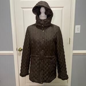 Marc New York Andrew Marc Quilted Brown Faux Fur Trim Hooded Coat Women's M